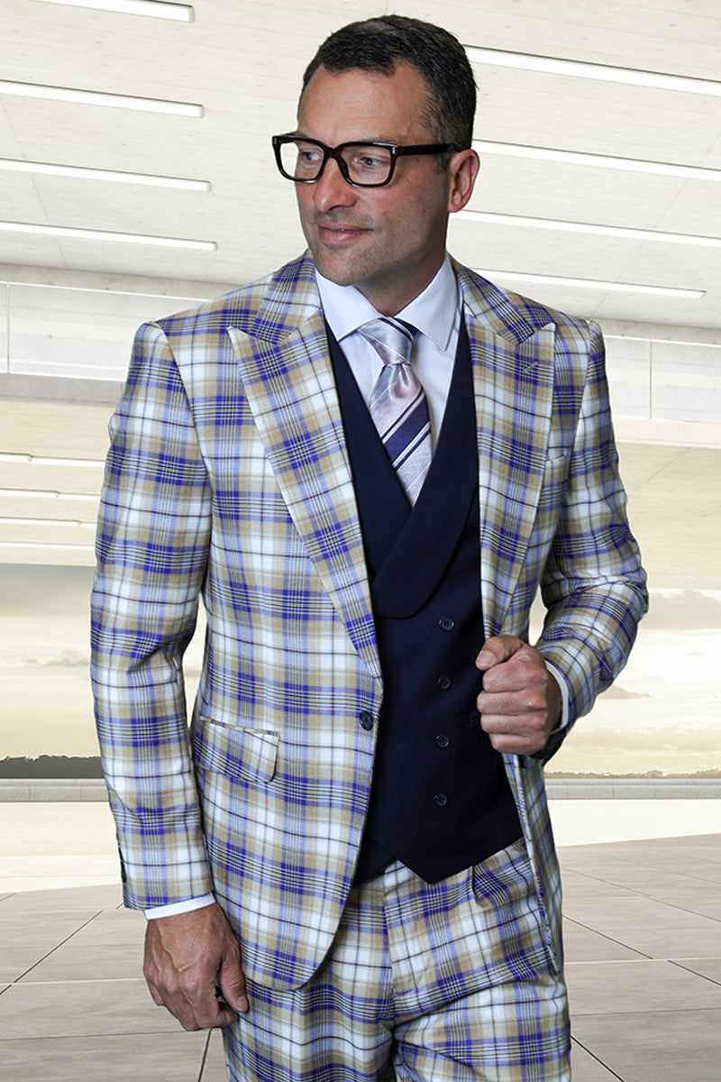 Men's Designer One Button Peak Lapel Italian Wool Suit with Double Breasted Vest in Sapphire Blue Plaid