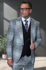 Men's Designer One Button Peak Lapel Italian Wool Suit with Double Breasted Vest in Black & White Houndstooth Plaid