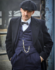 Mens Costume Arthur Shelby Vested Navy Suit with Black Overcoat & Hat