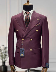 Mens Designer Modern Fit Double Breasted Wool Suit with Gold Buttons in Maroon