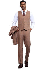 Men's Stacy Adams Vested Sharkskin Weave Pattern Suit in Light Rust
