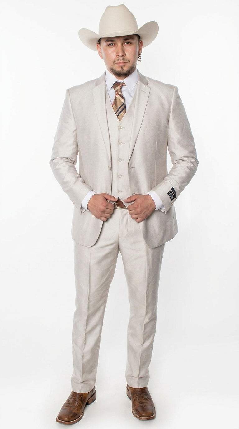 Men’s Sand champaign Western Cowboy 3-Piece Suit – Light Cream Wedding Suit with Vest & Pants Slim Fitted