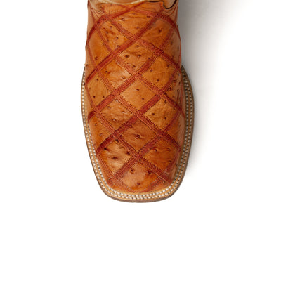 Mens Ferrini Ostrich Quill Patchwork Cowboy Boot in Cognac