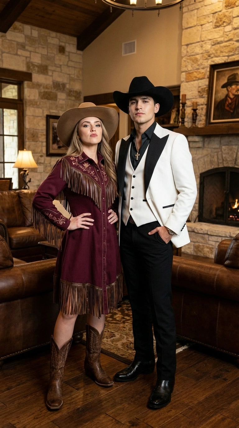 Men’s White Cowboy Tuxedo with Black Satin Lapel – Western Formal Suit with Matching Vest