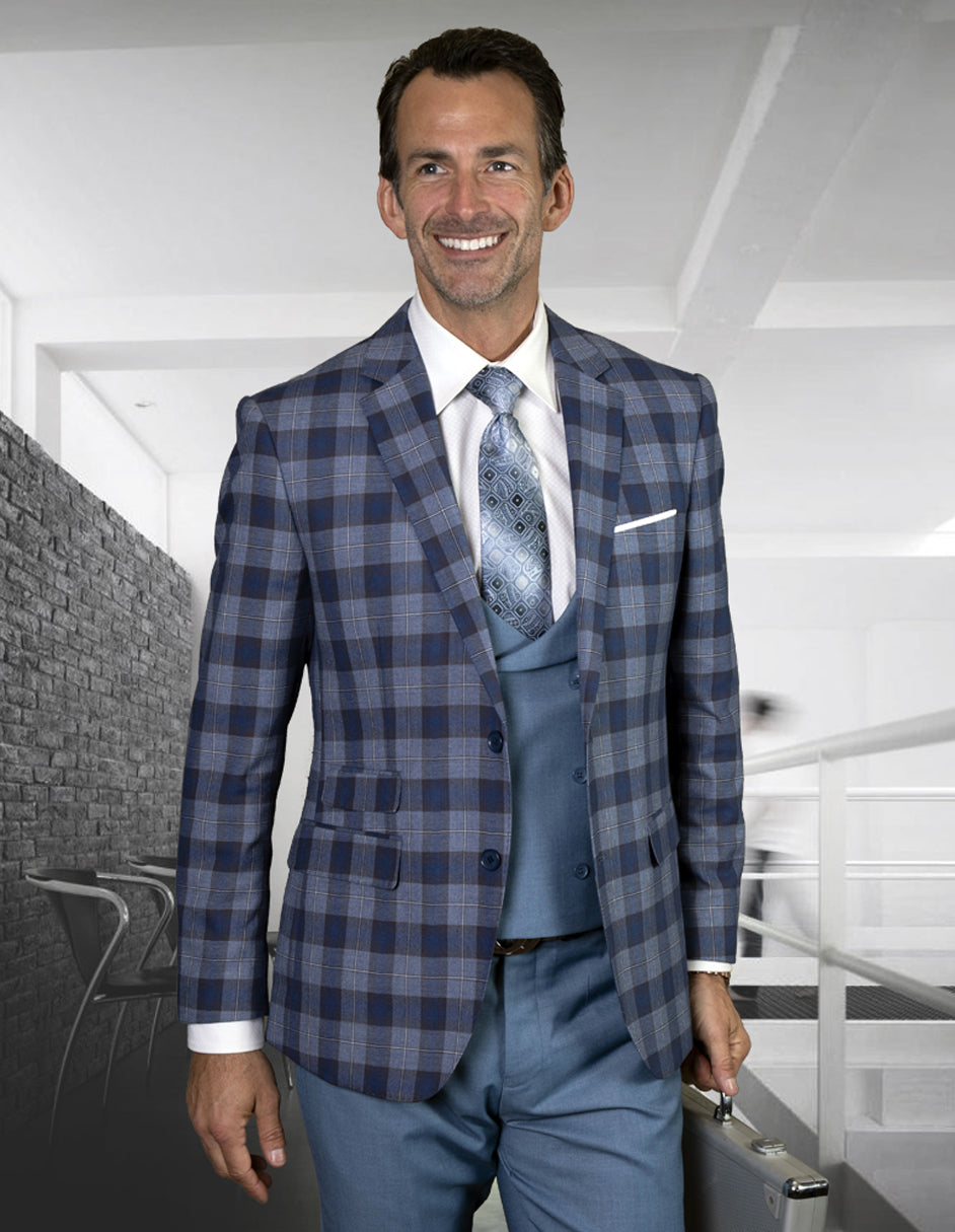 Mens 2 Button Suit with Low Cut Vest in Navy Plaid