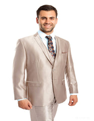 Mens Tazio Vested Slim Fit Shiny Sharkskin Suit in Champagne