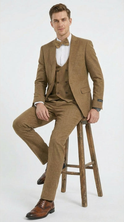 Mens Mocca Brown Taupe textured 1920s Great Gatsby Inspired Suit – Vintage Three Piece Retro Formal Suit Peak Lapel