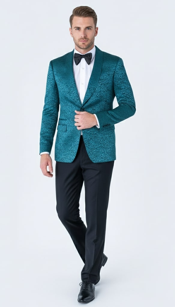 Mens Teal Blue Paisley Tuxedo Jacket – Elegant Shawl Lapel Dinner Blazer for Weddings, Prom and Formal Events - Greenish Blue 1   - from alligatorwarehouse.com