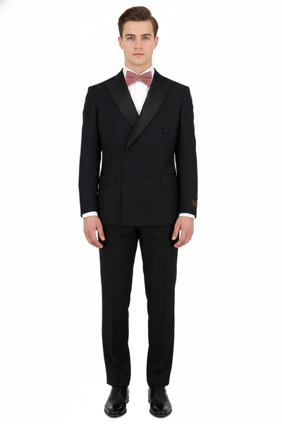 Tiglio Brand 100% Wool Super 150s Italian fabric Men’s Classic Black Double-Breasted Tuxedo with Satin Peak Lapel – Formal Wedding & Gala Suit Set