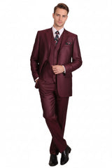 Mens Burgundy 3-Piece Suit – Burgundy Three Buttons Vested Suit - Pleated Pants Classic Fit Athletic Cut