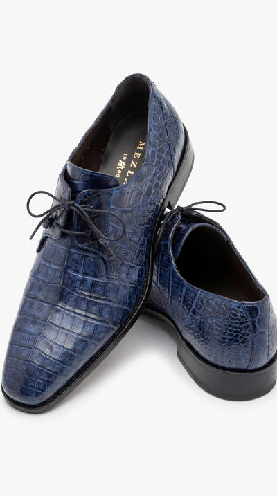 Mezlan Blue Crocodile Alligator Embossed Leather Dress Shoes for Men – Luxury Lace Up Oxford Shoes – Blue Exotic Pattern Formal