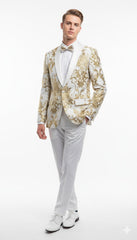 Mens White and Gold Floral Tuxedo Jacket with Satin Lapel – Luxury Prom, Wedding and Formal Dinner Blazer