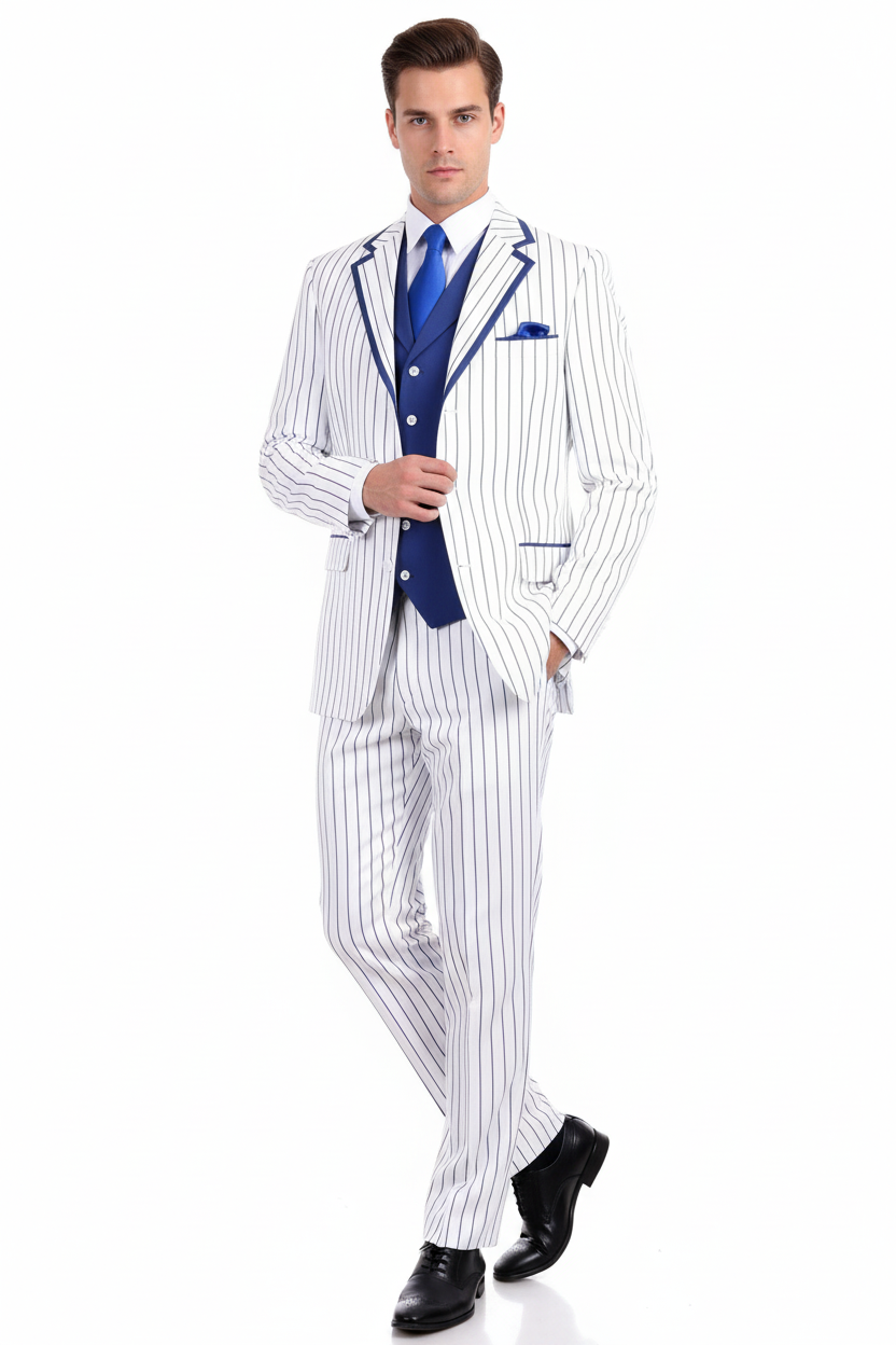 Men’s White and Royal Blue Pinstripe 3-Piece Suit – Classic Fit Blazer with Vest, Pants, and Tie 4   - from alligatorwarehouse.com