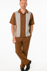 Men’s Cognac Tan Two-Piece Outfit – Short Sleeve Button-Up Shirt and Pants Set