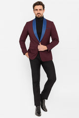 Mens Burgundy Tuxedo Dinner Jacket Blazer with Blue Satin Shawl Lapel Wedding and Party Jacket