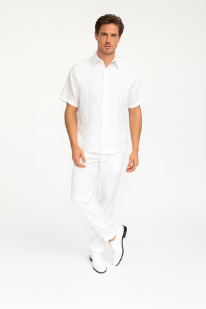 Men’s Linen White Embroidered Guayabera Two-Piece Set – Short Sleeve Shirt and Pants - Summer Walking Suit