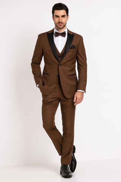 Men’s Light Brown Tuxedo Suit with Black Satin Lapel – 3 Piece Formal Wedding & Prom Outfit - Country Look 2   - from alligatorwarehouse.com