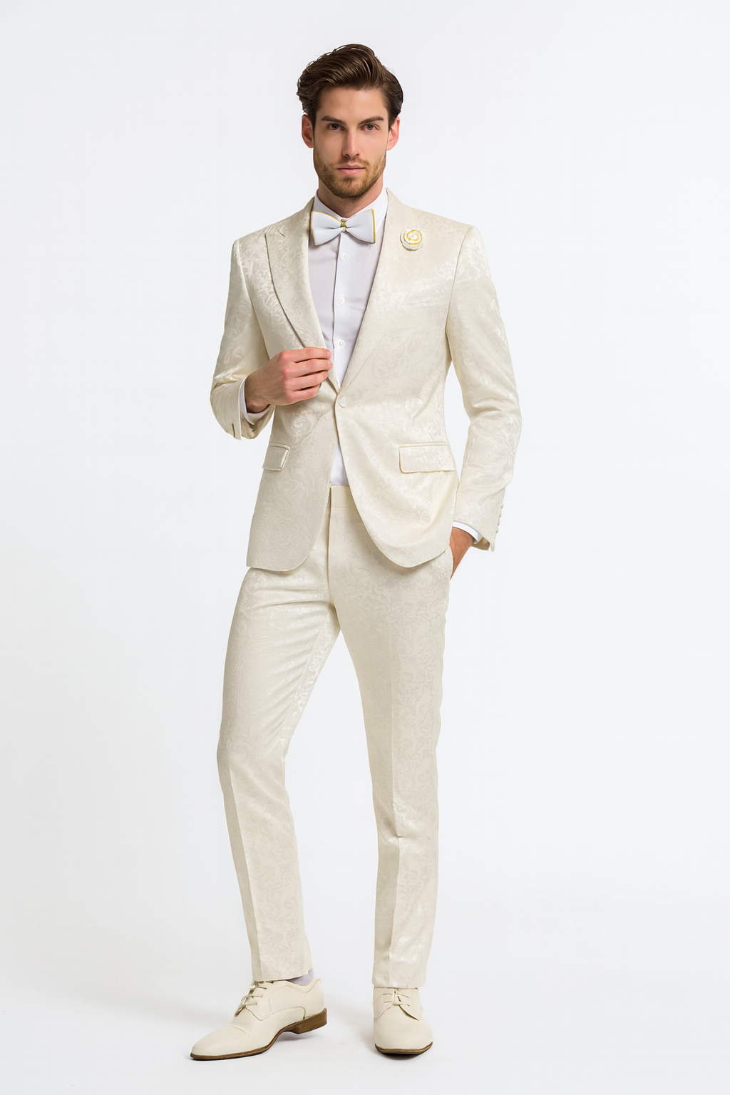 Men’s Champaign Ivory  Jacquard Paisley Tuxedo Suit with Satin Shawl Lapel – Elegant Wedding and Prom Outfit By Rossiman 5   - from alligatorwarehouse.com