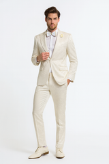 Men’s Champaign Ivory  Jacquard Paisley Tuxedo Suit with Satin Shawl Lapel – Elegant Wedding and Prom Outfit By Rossiman