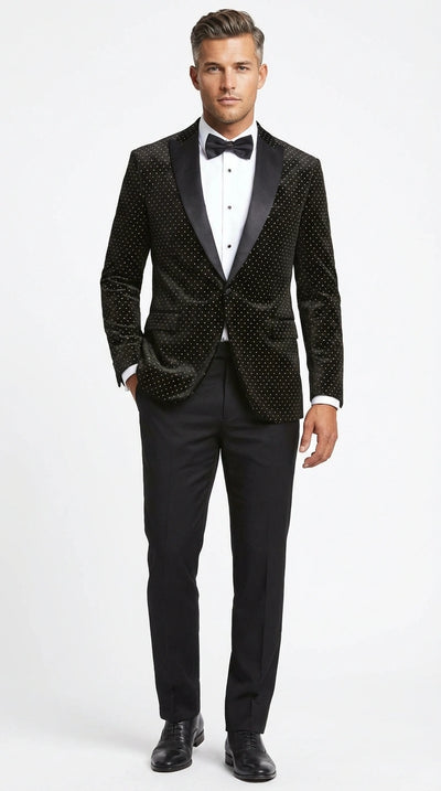 Men’s Black Velvet Dinner Jacket Blazer with Satin Lapel – Formal Evening Tuxedo Style Jacket Polk Dots Pattern + Free bowtie