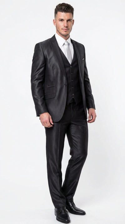 Men’s Black Three Piece Suit – Modern Fit 3PC Formal Suit with Vest for Wedding, Prom and Business Events Sharkskin Shiny Fabric