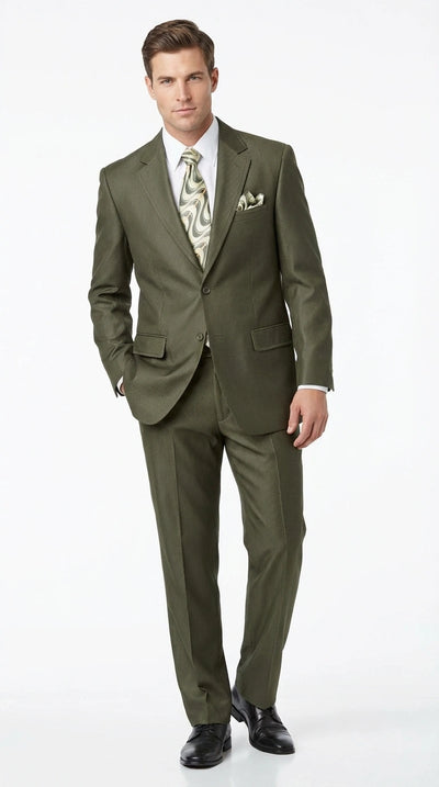 Men’s Olive Green Tuxedo With Trim Collar – Formal Wedding, Prom Suit Modern Fit