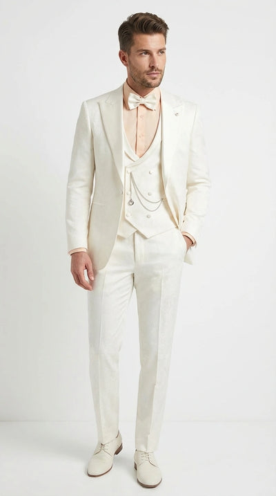 Vinci Men’s Ivory Three Piece Suit – Ivory 3PC Formal Wedding Suit for Groom, Prom and Black Tie Events