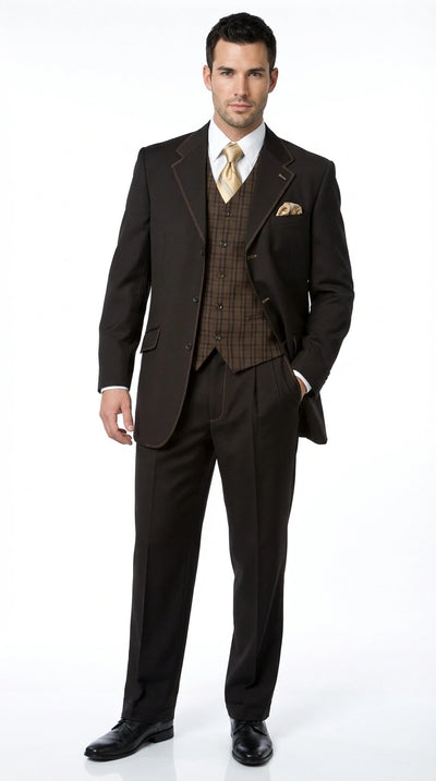 Men’s Dark choclate Brown Three Buttons 3 Piece Suit – Classic Brown 3PC Wedding, Church and Business Formal Suit for Men