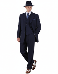 Men’s 1920s Navy Blue Zoot Suit with Fedora Hat and Wingtip Shoes – Classic Gangster 3-Piece Long - Classic Fit Pleated Pants