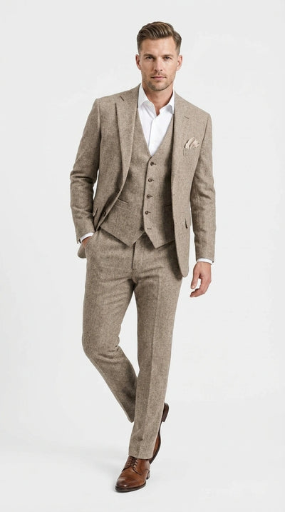 Men’s Light Beige Herringbone Tweed Suit with Vest – Classic Three Piece Formal Suit, Vintage Business Wedding Outfit, Elegant Smart Casual Wear