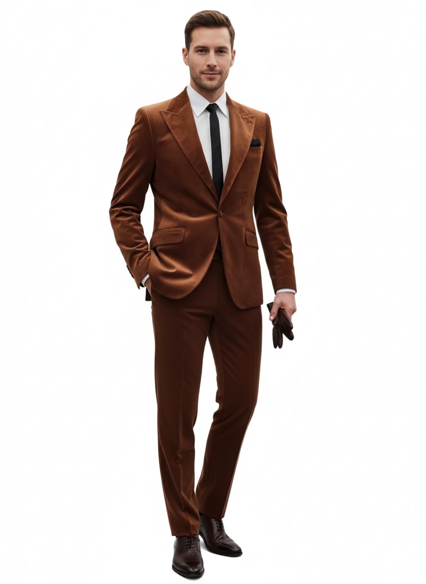 Mens Brown Velvet 2-Piece Suit – Luxury Slim Fit Formal Blazer and Pants Set in Rust Copper Color 6   - from alligatorwarehouse.com