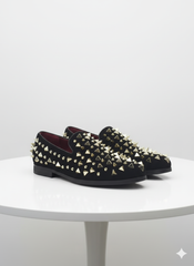 Men’s Studded Velvet Loafers – Designer Party and Prom Dress Shoes with Gold and Silver Spikes
