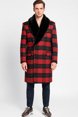 Mens Red and Black Plaid Wool Overcoat with Black Faux Fur Shawl Collar – Double-Breasted Winter Coat - Tartan Design