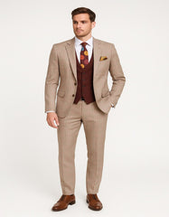 Men's Light Brown Plaid Suit with Burgundy Vest and Colorful Floral Tie ƒ?? 3 Piece Set - Taupe Windowpane Pattern