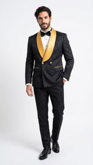 Men’s Black and Gold Jacquard Tuxedo Suit – Luxury Slim Fit Formal Wedding, Prom, and Gala Outfit