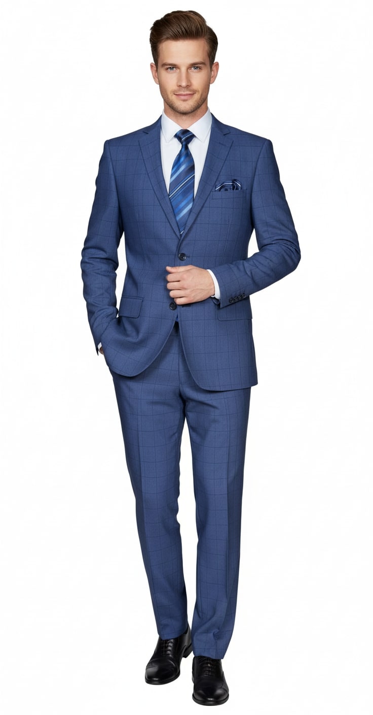 Mens Indigo Navy Blue Windowpane Check Suit – Classic 2-Piece Formal Business and Wedding Wear Set in Cobalt Blue 1   - from alligatorwarehouse.com