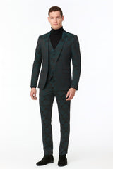 Men’s Emerald Green Floral Jacquard 3-Piece Tuxedo Suit – Slim Fit Formal Set with Blazer, Vest, and Pants Paisley Fabric - Ultra slim fitted