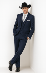 2 Button Vested Satin Trim Lapel Cowboy Tuxedo in Navy