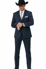 2 Button Vested Satin Trim Lapel Cowboy Tuxedo in Navy