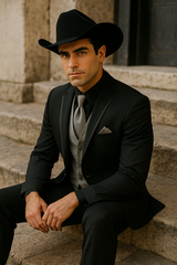 Men’s Black Western Tuxedo with Silver Vest & Cowboy Hat – Slim Fit