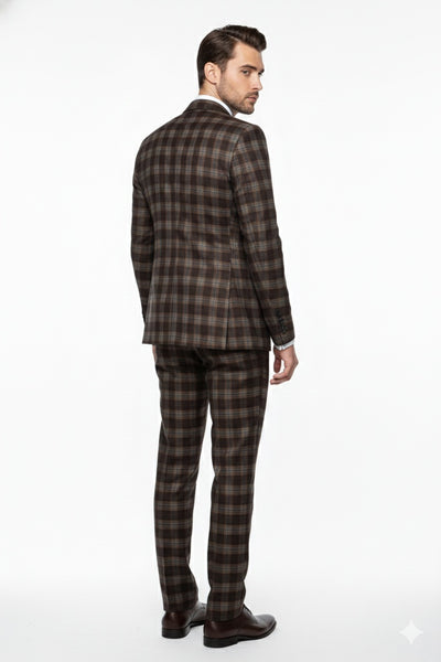 Men’s Brown Plaid Windowpane Three-Piece Suit Set – Classic Slim Fit Jacket, Double-Breasted Vest and Modern Fit Pants By Rossiman