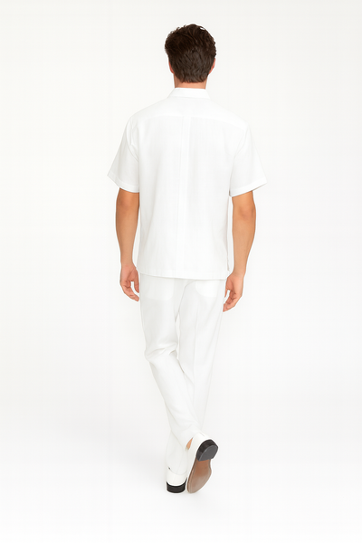 Men’s Linen White Embroidered Guayabera Two-Piece Set – Short Sleeve Shirt and Pants - Summer Walking Suit 5   - from alligatorwarehouse.com