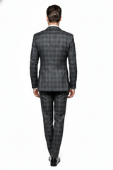 Men’s Charcoal Plaid Double-Breasted Suit – Tailored Pants Windowpane Pattern By Rossiman
