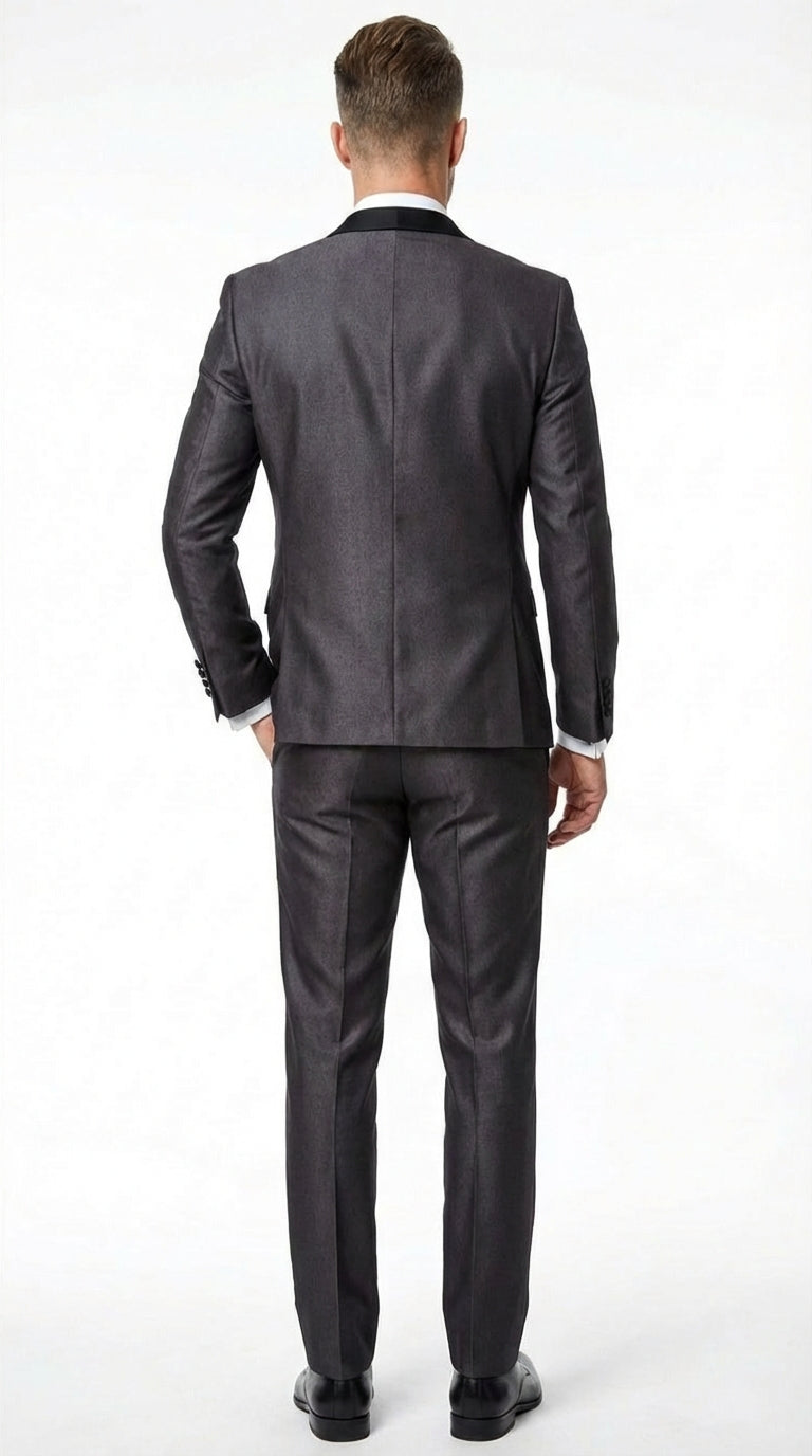 Men’s Shiny Sateen Charcoal Gray Tuxedo 3 Piece Suit with Black Shawl Lapel | Formal Wedding Prom Suit Sharkskin