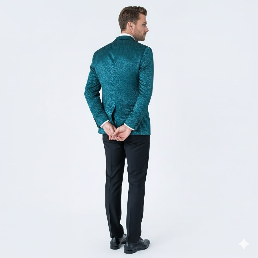 Mens Teal Blue Paisley Tuxedo Jacket – Elegant Shawl Lapel Dinner Blazer for Weddings, Prom and Formal Events - Greenish Blue 2   - from alligatorwarehouse.com