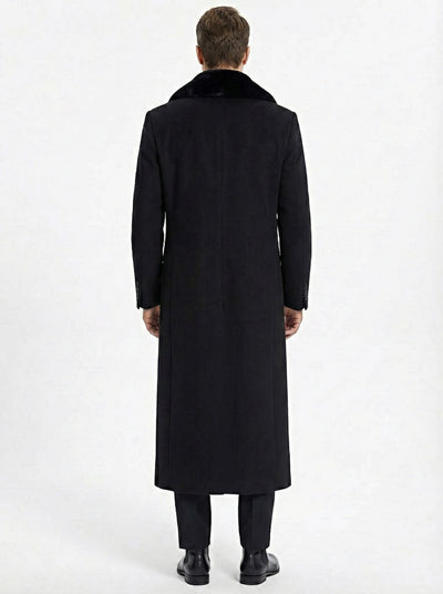 Men’s Black Long Overcoat with Faux Fur Collar, Full Length Winter Topcoat for Formal and Business Wear