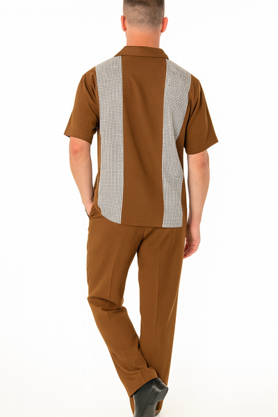 Men’s Cognac Tan Two-Piece Outfit – Short Sleeve Button-Up Shirt and Pants Set