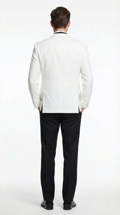 Men's White Dinner Jacket Tuxedo Blazer with Black Satin Shawl Lapel With Black Tuxedo Pants