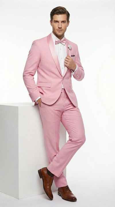 Mens Dusty Rose Pink Summer Tuxedo – Satin Shawl Lapel Formal Wedding Prom Suit