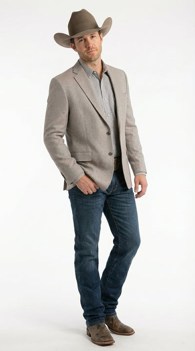 Mens Textured Light Grey Western Blazer – Cowboy Style Casual Sport Coat for Men Classic Western Jacket